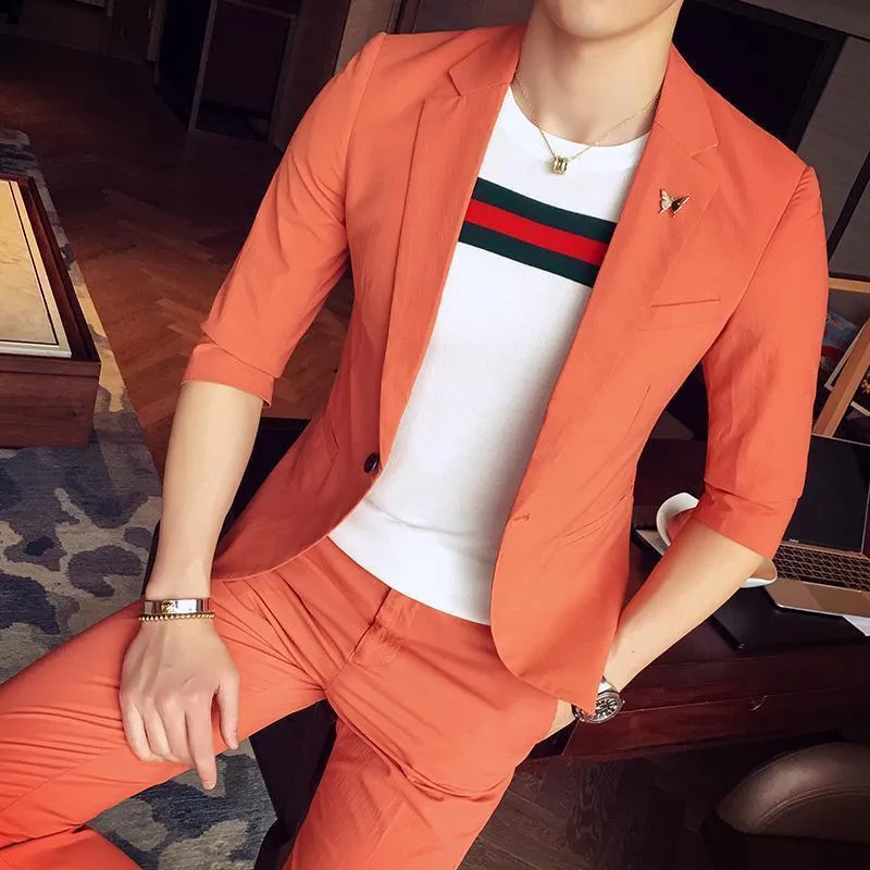 1-Button Men's Suit Casual Elegant Suit 3-Quarter Pants