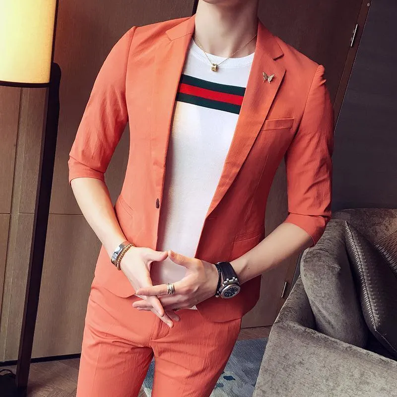 1-Button Men's Suit Casual Elegant Suit 3-Quarter Pants