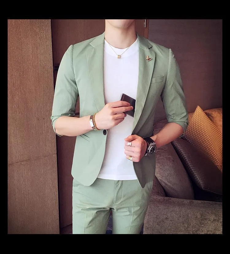 1-Button Men's Suit Casual Elegant Suit 3-Quarter Pants