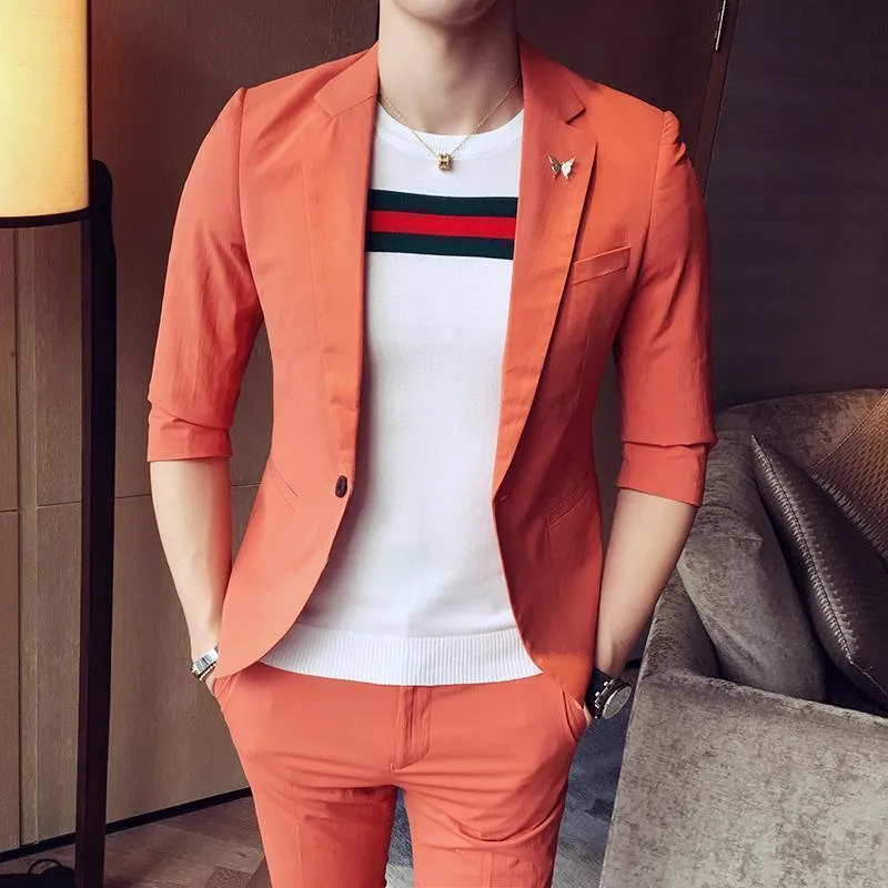 1-Button Men's Suit Casual Elegant Suit 3-Quarter Pants