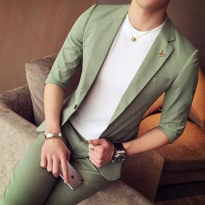 1-Button Men's Suit Casual Elegant Suit 3-Quarter Pants