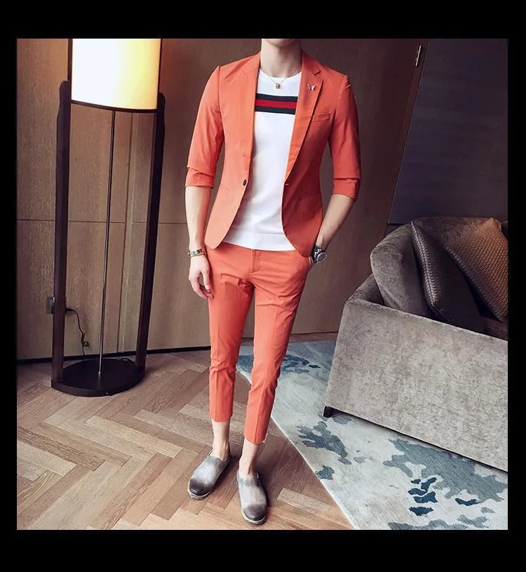1-Button Men's Suit Casual Elegant Suit 3-Quarter Pants