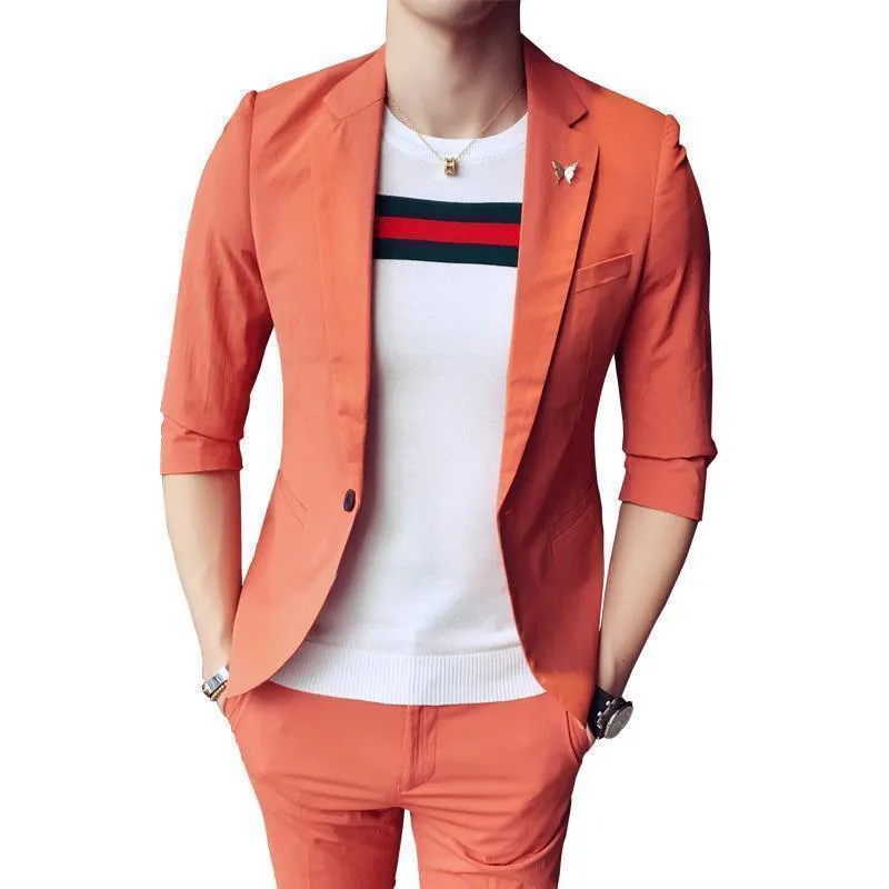 1-Button Men's Suit Casual Elegant Suit 3-Quarter Pants