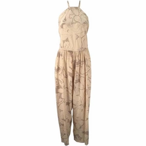 1970s Stephen Burrows Silk Cream and Light Brown Halter Jumpsuit