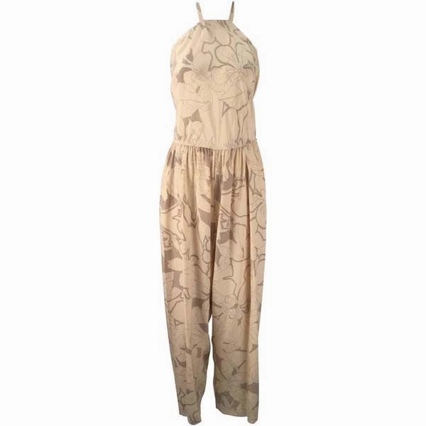 1970s Stephen Burrows Silk Cream and Light Brown Halter Jumpsuit
