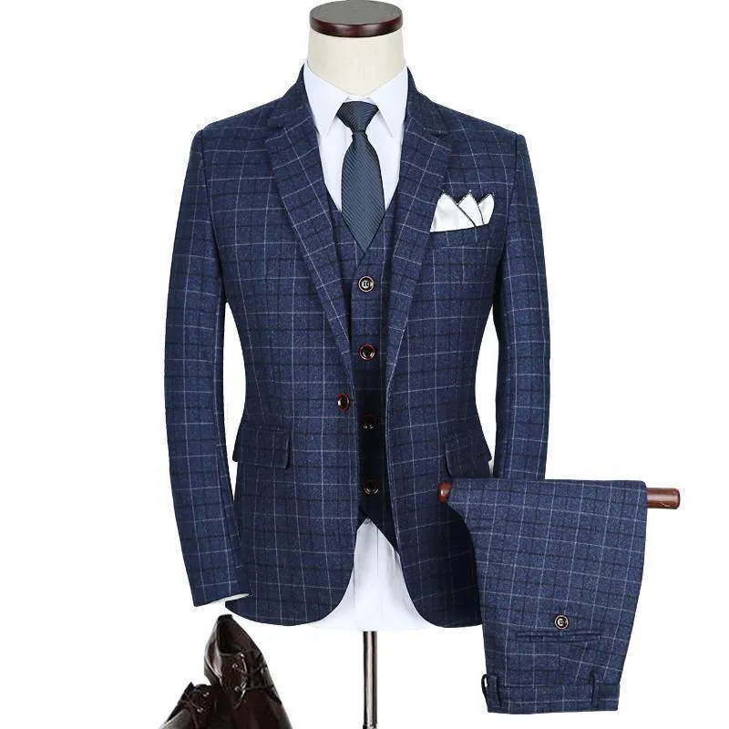 3-Piece Men's Suits Plaid Slim Fit 1-Button Suits
