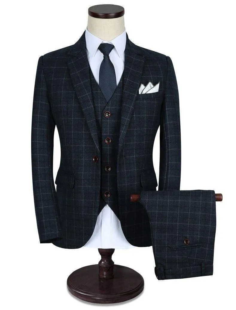 3-Piece Men's Suits Plaid Slim Fit 1-Button Suits