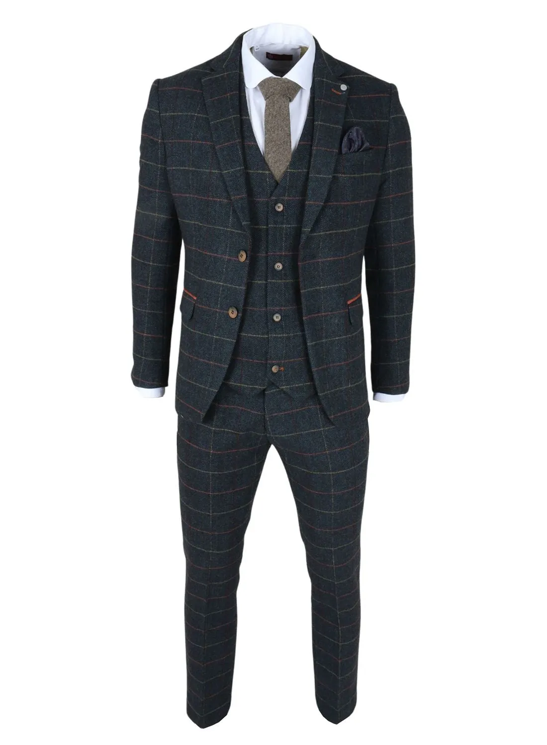 Archer 3 Piece Checked Herringbone Tweed Tailored Fit Formal Suit