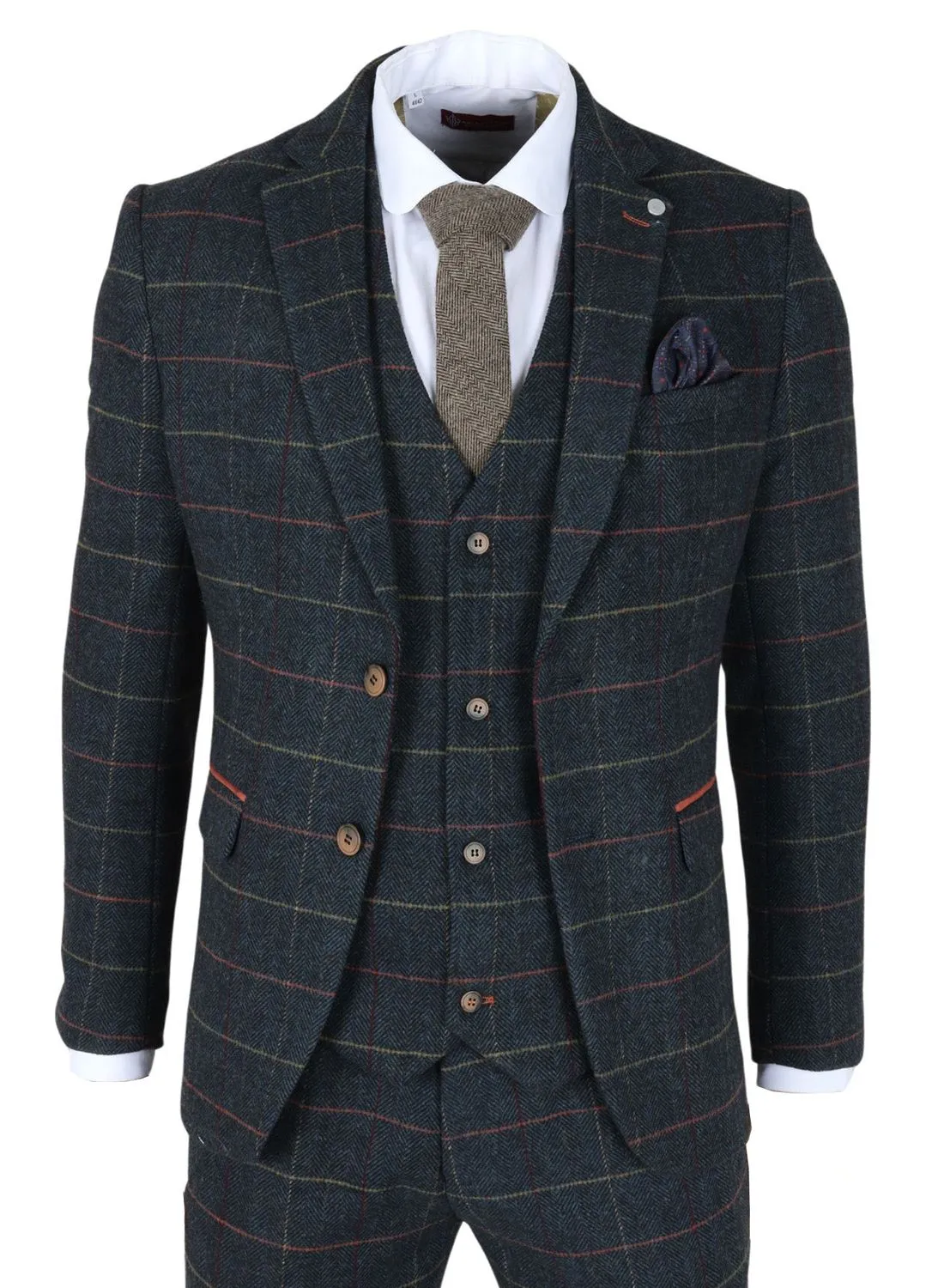 Archer 3 Piece Checked Herringbone Tweed Tailored Fit Formal Suit