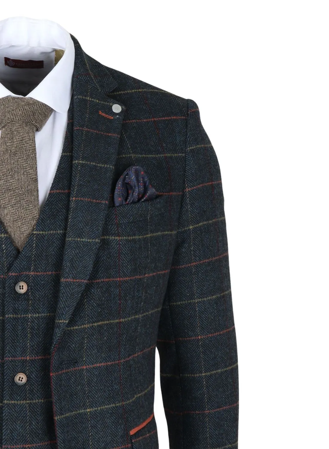 Archer 3 Piece Checked Herringbone Tweed Tailored Fit Formal Suit