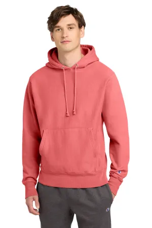 Champion Mens Reverse Weave Garment Dyed Hooded Sweatshirt Hoodie w/ Pouch Pocket - Coral Craze