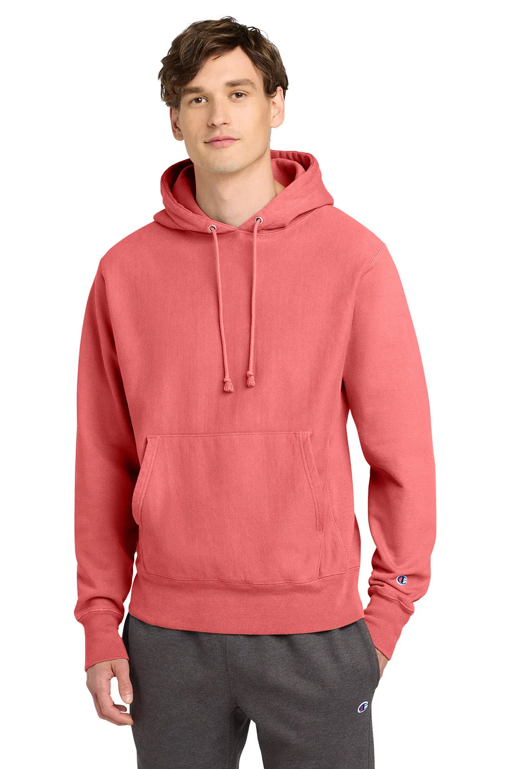 Champion Mens Reverse Weave Garment Dyed Hooded Sweatshirt Hoodie w/ Pouch Pocket - Coral Craze