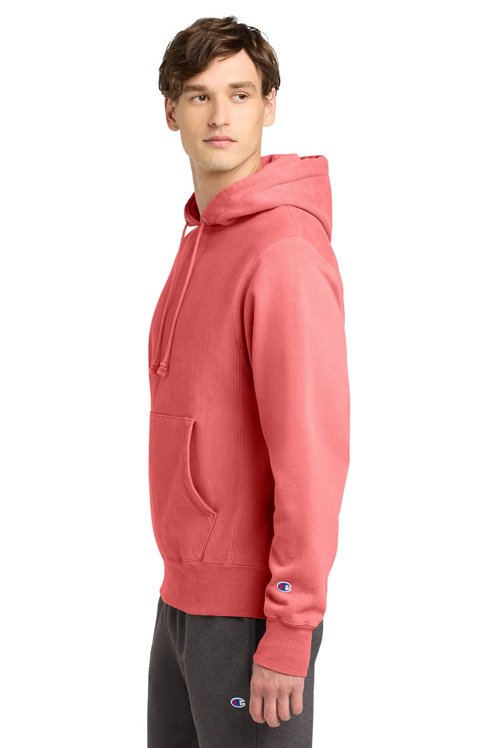 Champion Mens Reverse Weave Garment Dyed Hooded Sweatshirt Hoodie w/ Pouch Pocket - Coral Craze