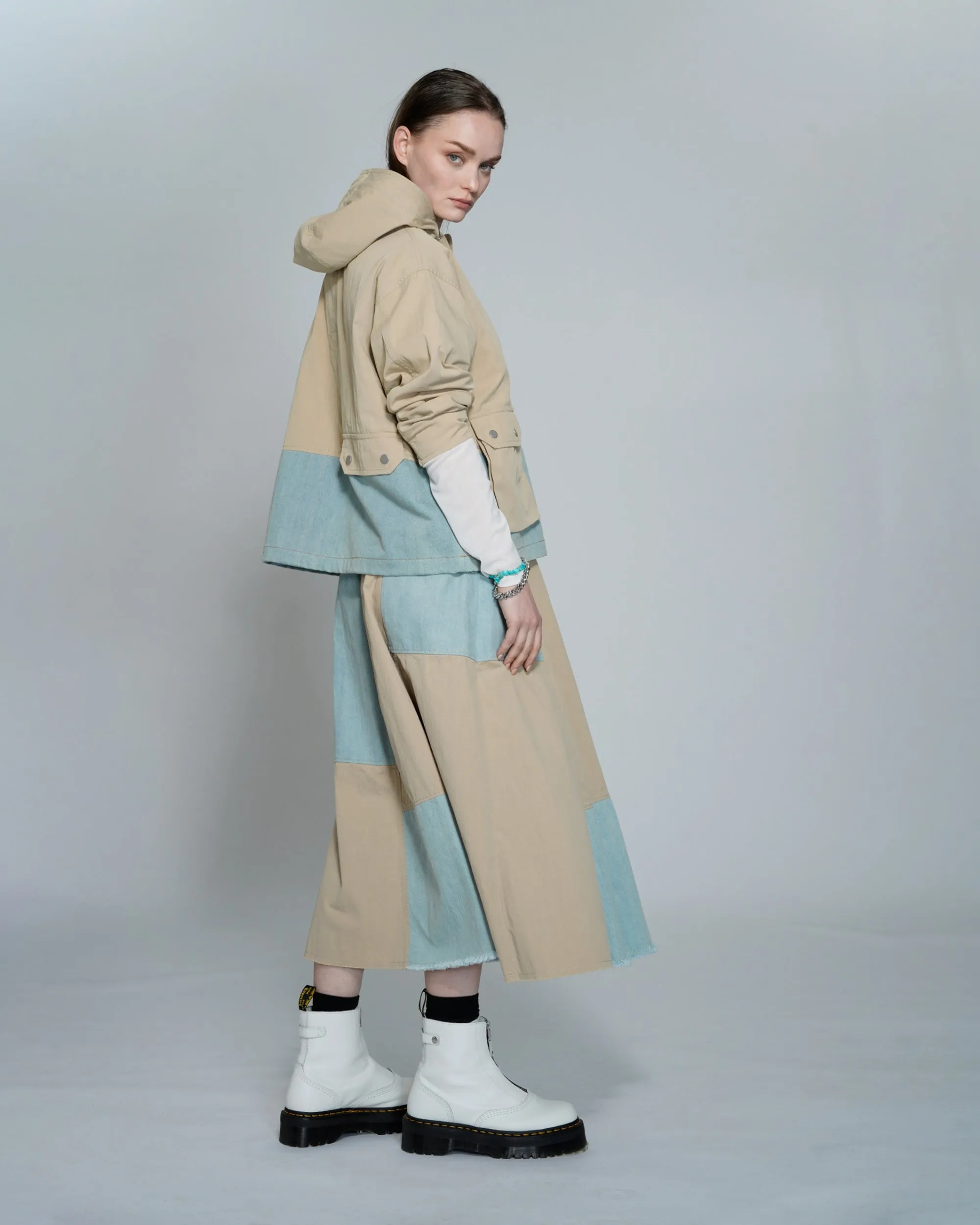 Denim Mix Flare Maxi Skirt Clothing_Atsuro-Tayama
