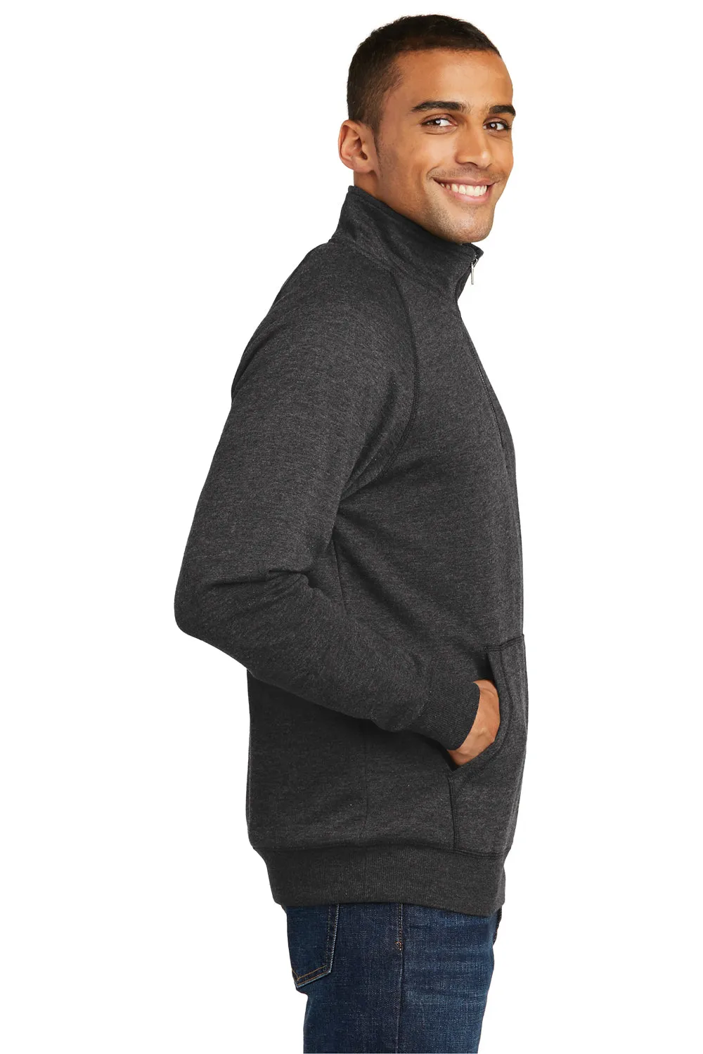 District Mens Fleece 1/4 Zip Sweatshirt w/ Pouch Pocket - Heather Black