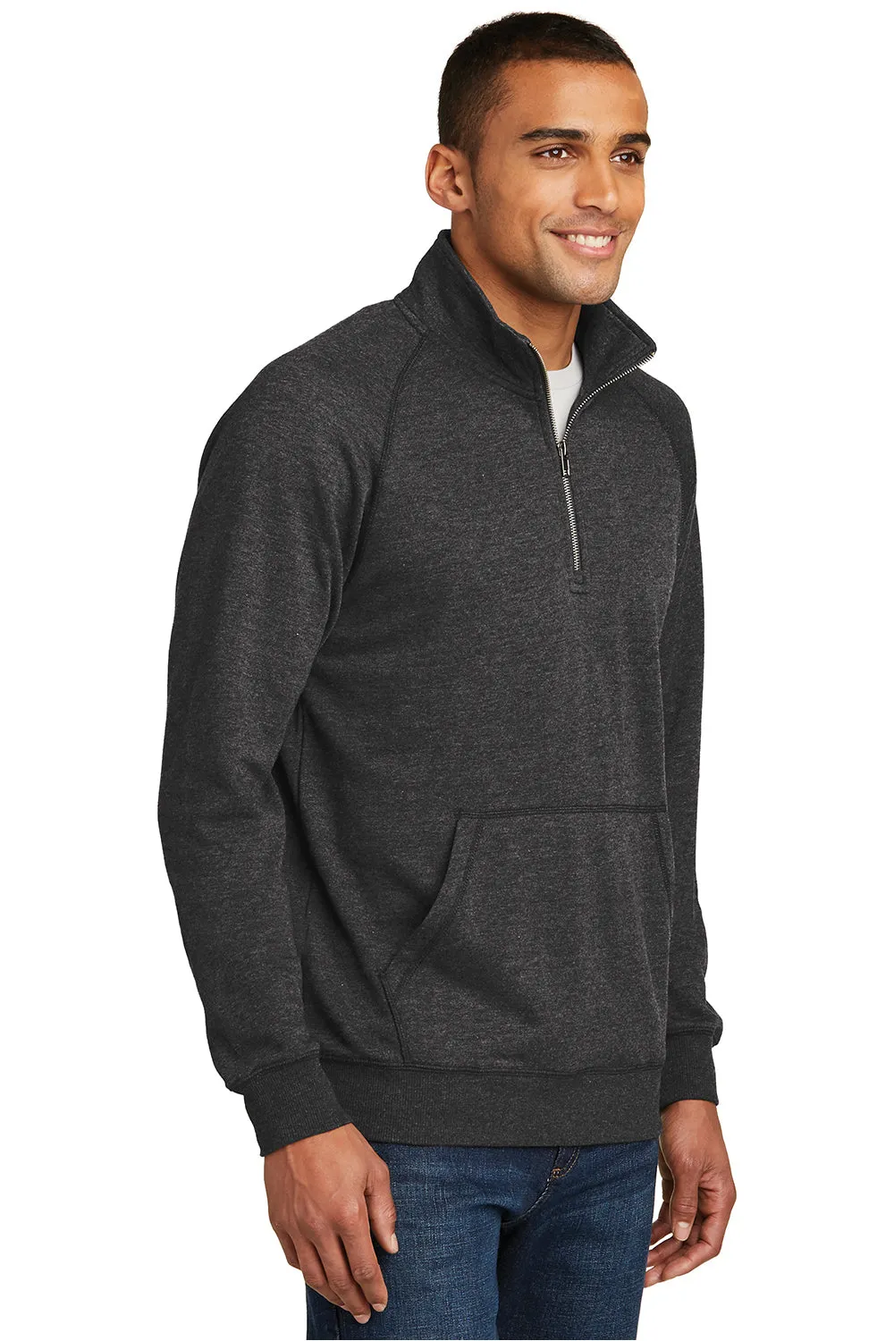 District Mens Fleece 1/4 Zip Sweatshirt w/ Pouch Pocket - Heather Black