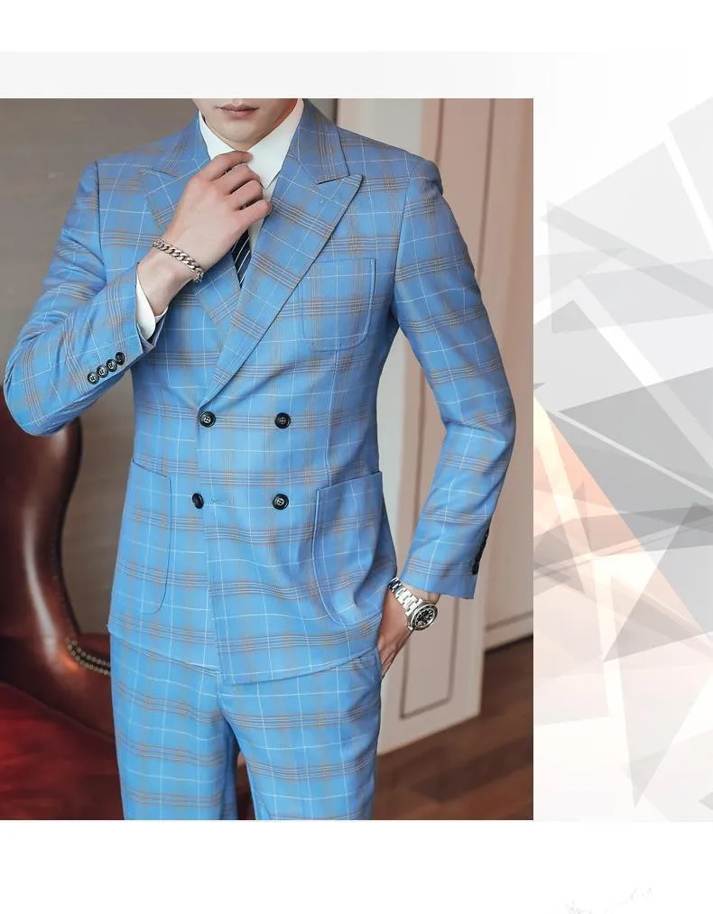 Double-Breasted Plaid Suit For Men