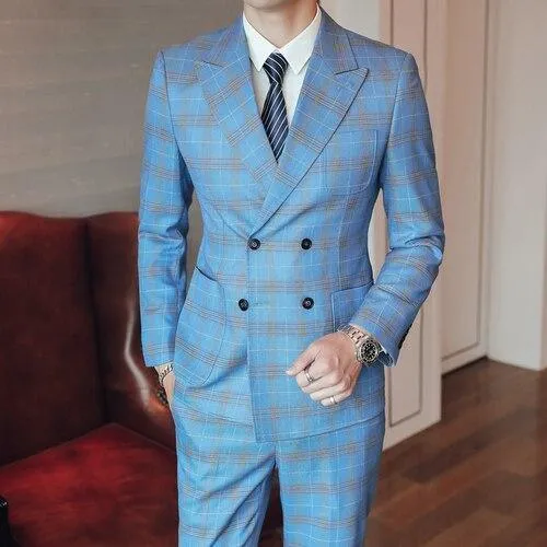 Double-Breasted Plaid Suit For Men