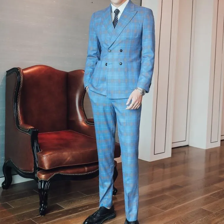 Double-Breasted Plaid Suit For Men