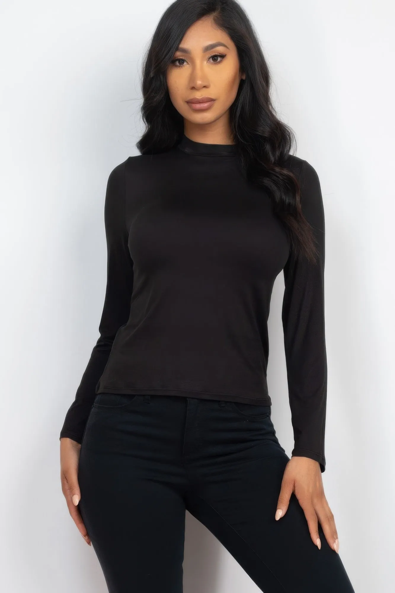 FASHNZFAB Women's Mock Neck Solid Long Sleeve Top
