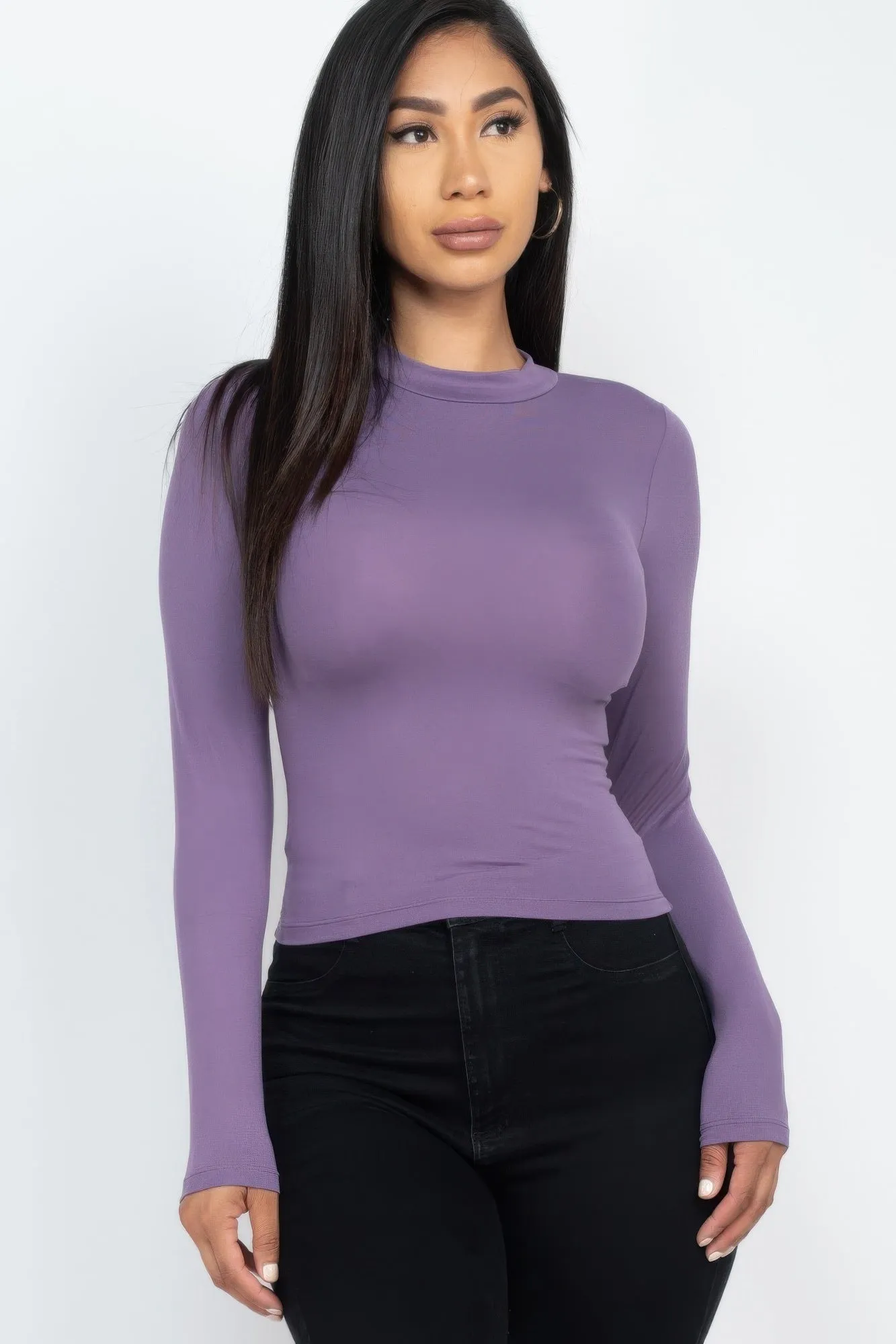 FASHNZFAB Women's Mock Neck Solid Long Sleeve Top