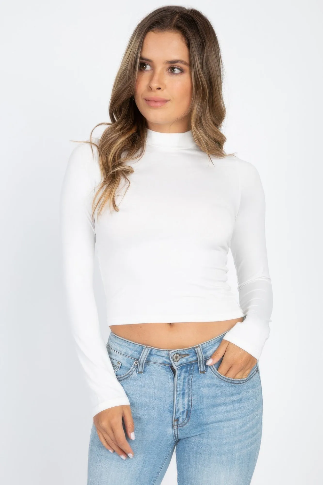 FASHNZFAB Women's Mock Neck Solid Long Sleeve Top