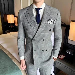 Grey Men's Suit, Plaid Double Breast 3-Piece Suit