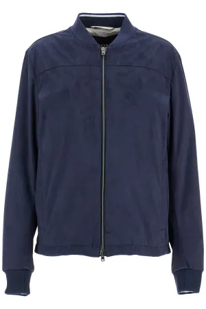 Herno Men's  blue Suede Bomber With Mandarin Collar