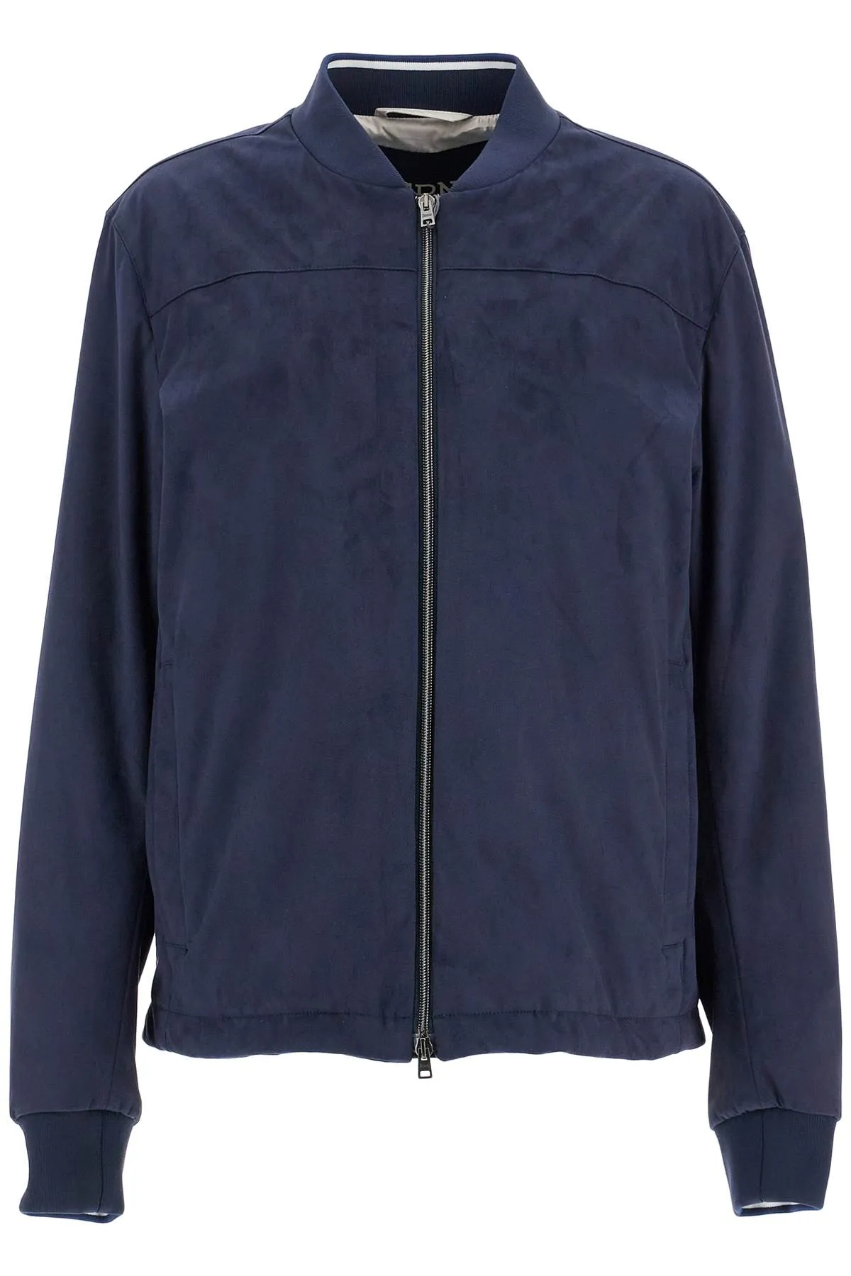 Herno Men's  blue Suede Bomber With Mandarin Collar