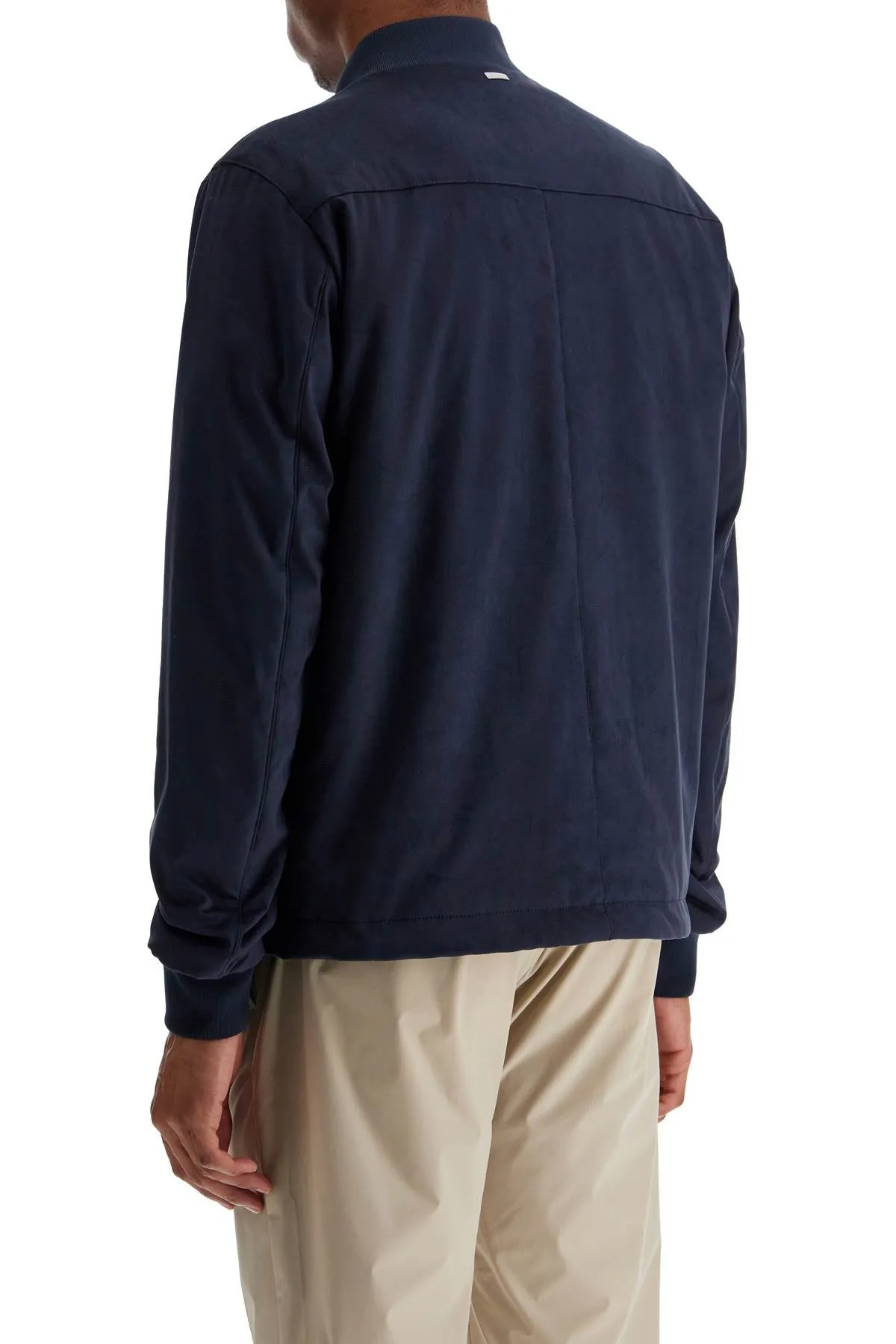 Herno Men's  blue Suede Bomber With Mandarin Collar