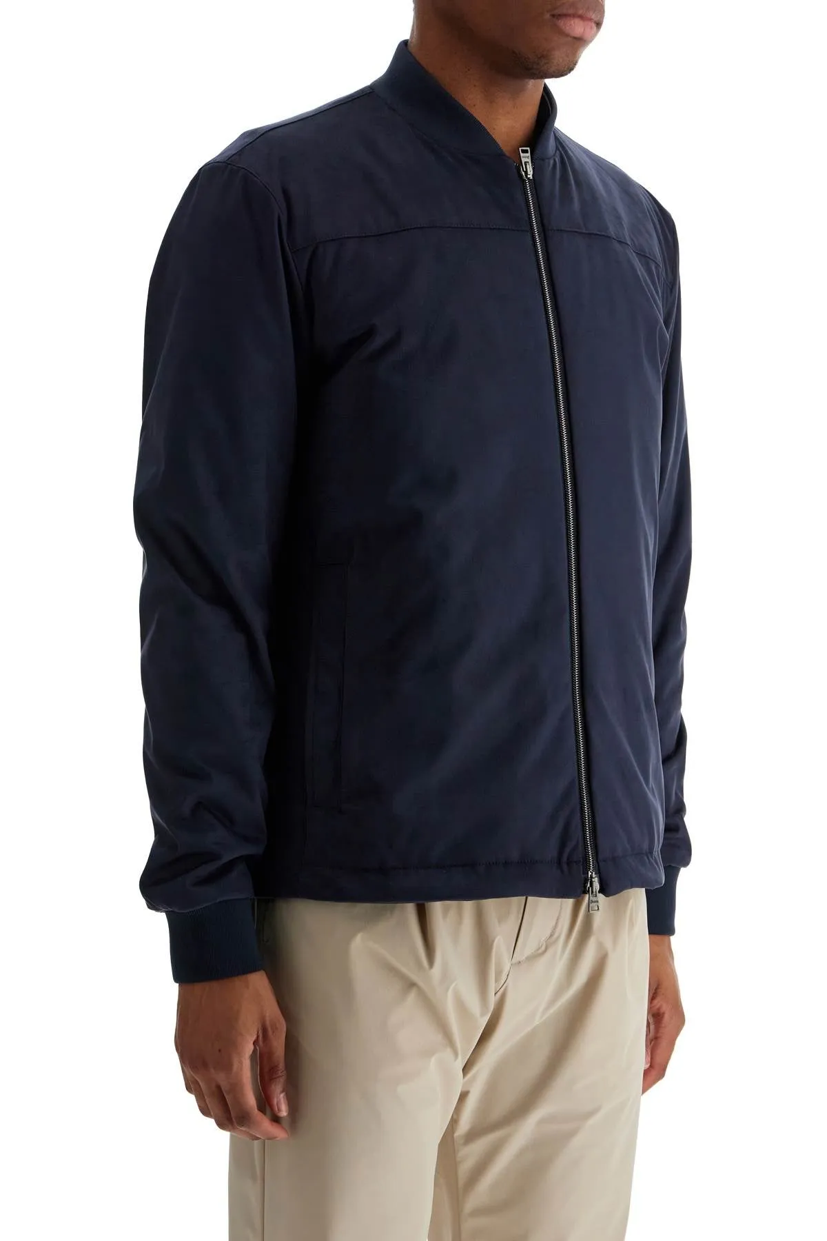 Herno Men's  blue Suede Bomber With Mandarin Collar