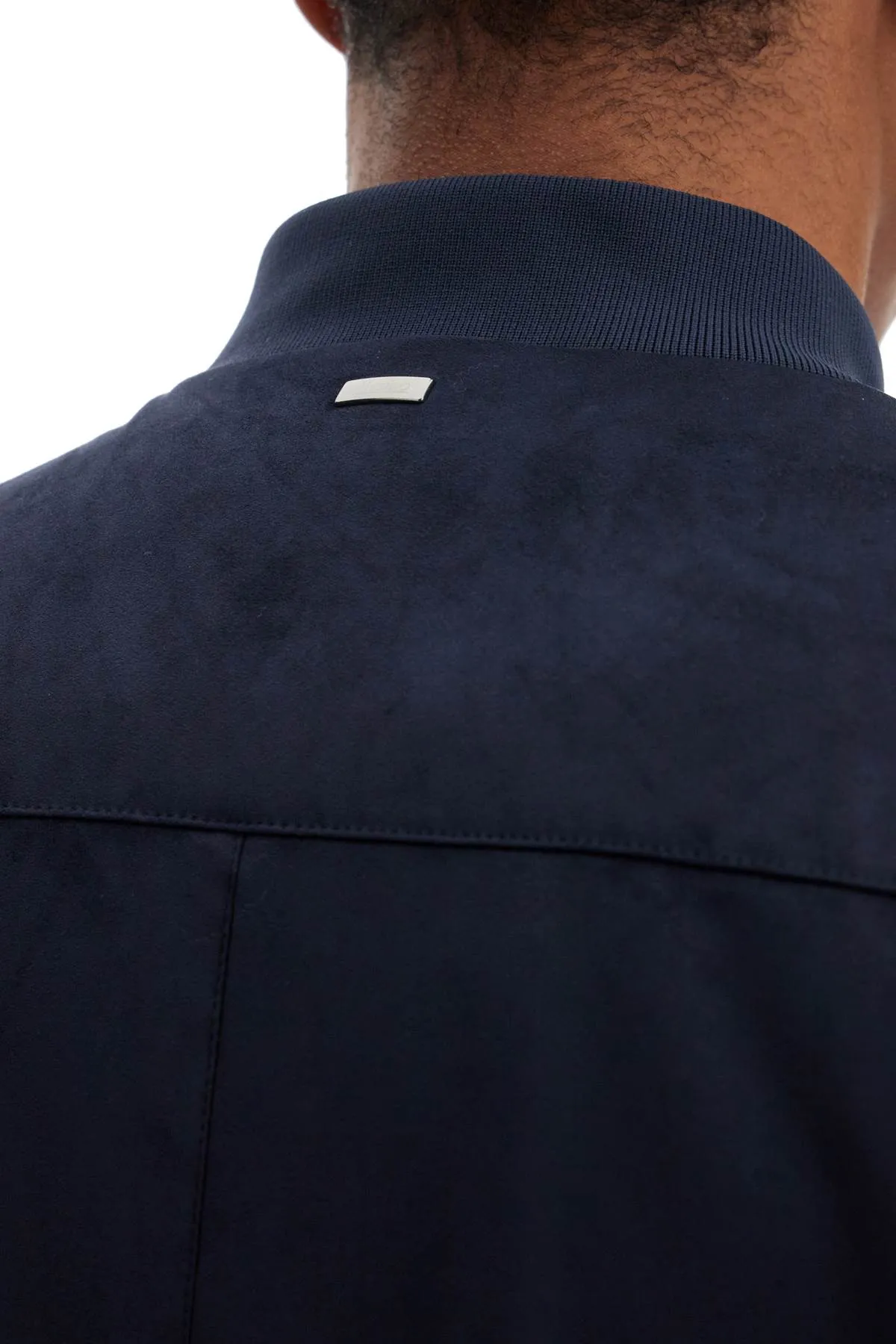 Herno Men's  blue Suede Bomber With Mandarin Collar