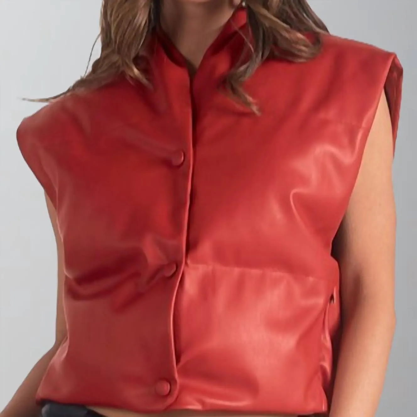 High Collar Leather Vest In Red