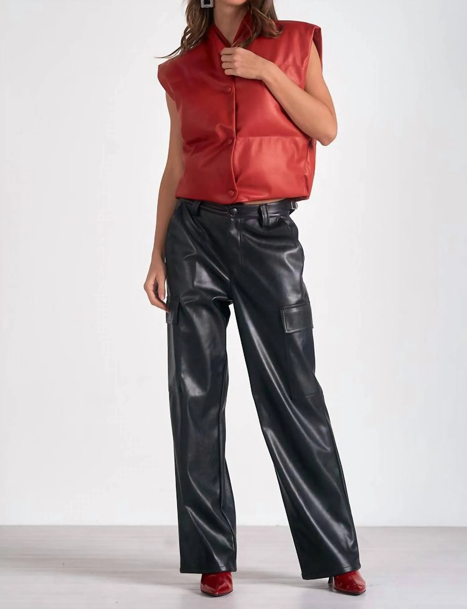 High Collar Leather Vest In Red