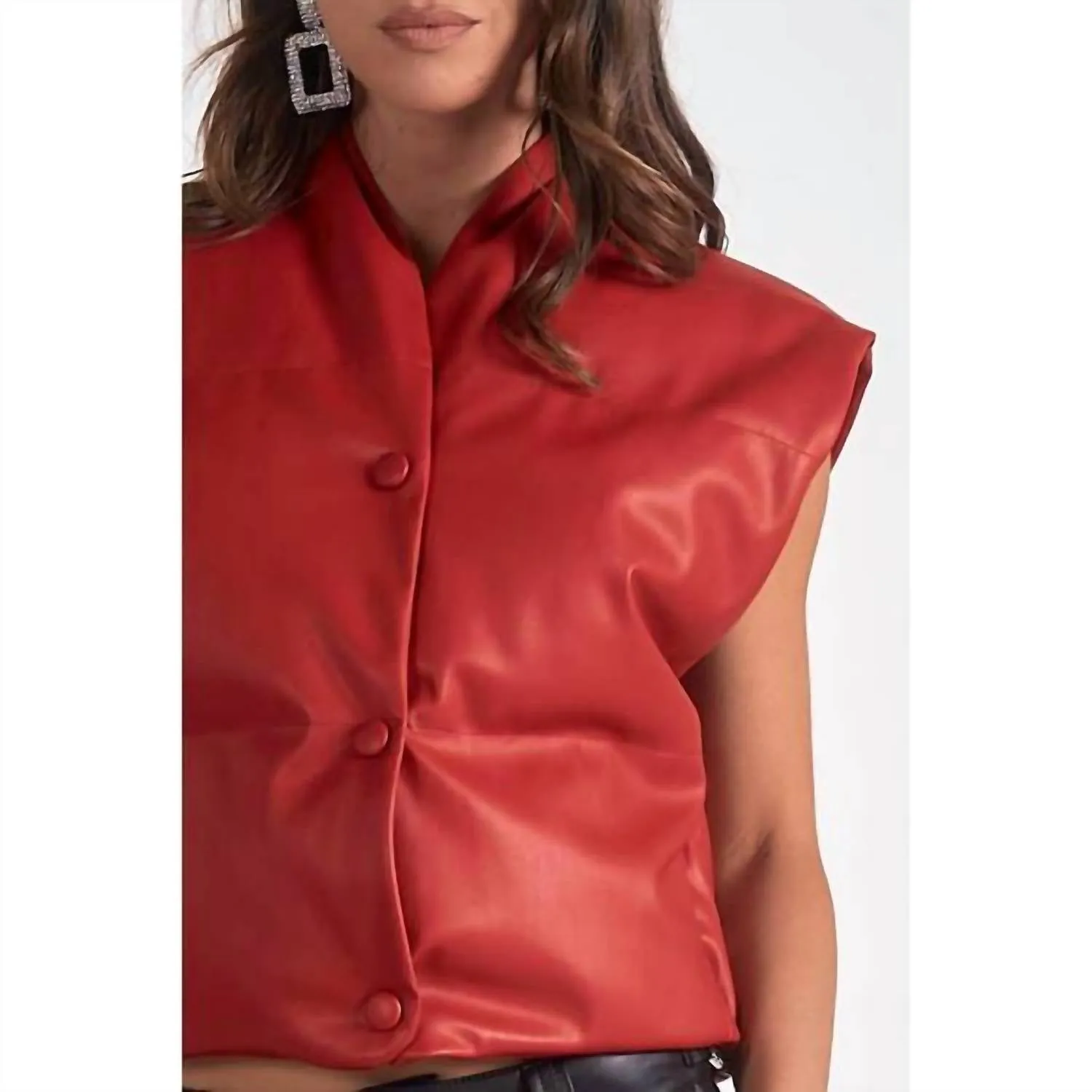 High Collar Leather Vest In Red