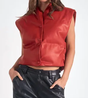 High Collar Leather Vest In Red