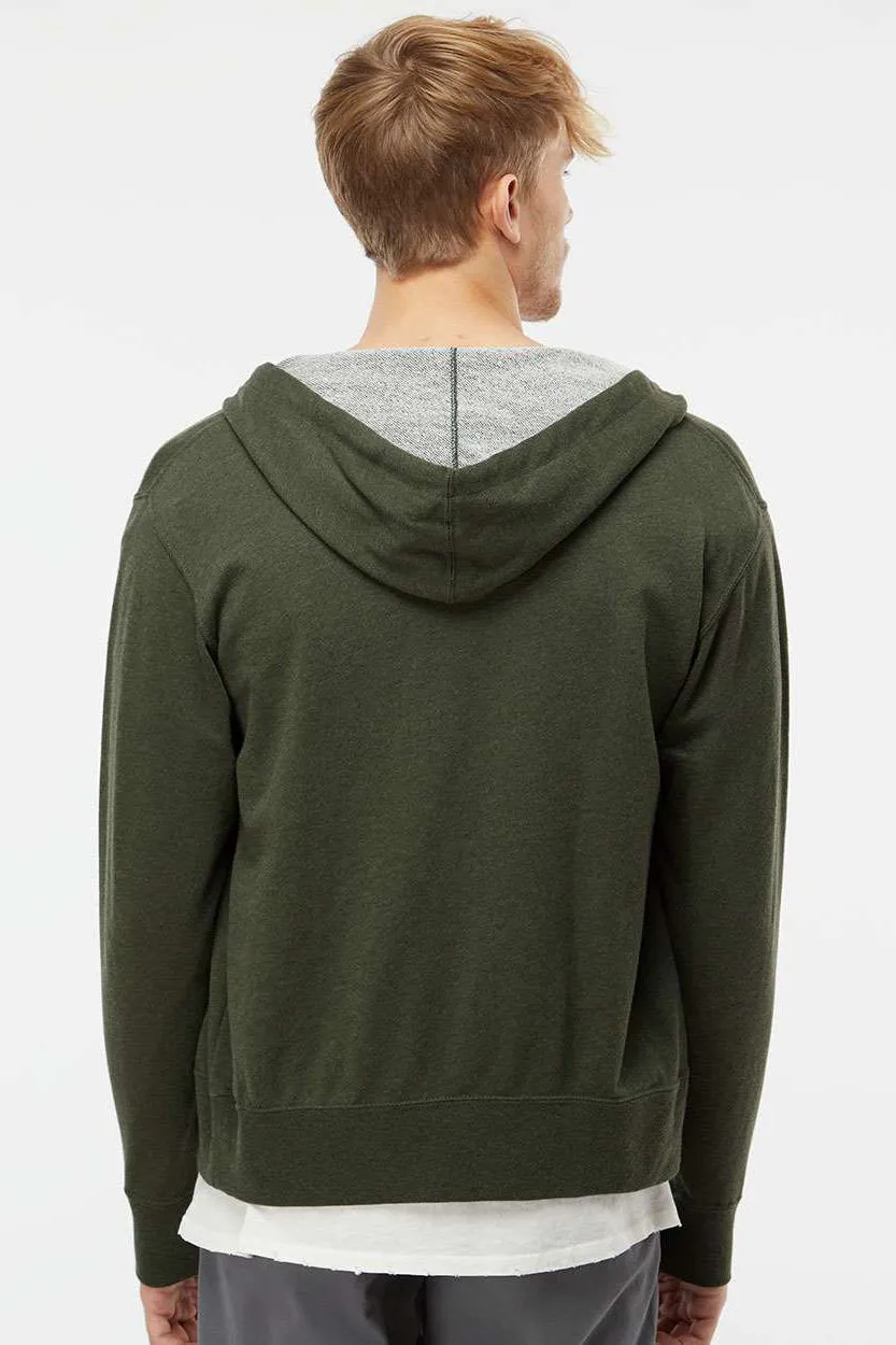 Independent Trading Company Mens French Terry Full Zip Hooded Sweatshirt Hoodie w/ Pockets - Heather Olive Green