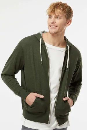 Independent Trading Company Mens French Terry Full Zip Hooded Sweatshirt Hoodie w/ Pockets - Heather Olive Green