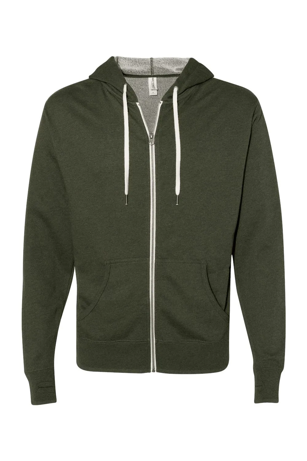 Independent Trading Company Mens French Terry Full Zip Hooded Sweatshirt Hoodie w/ Pockets - Heather Olive Green