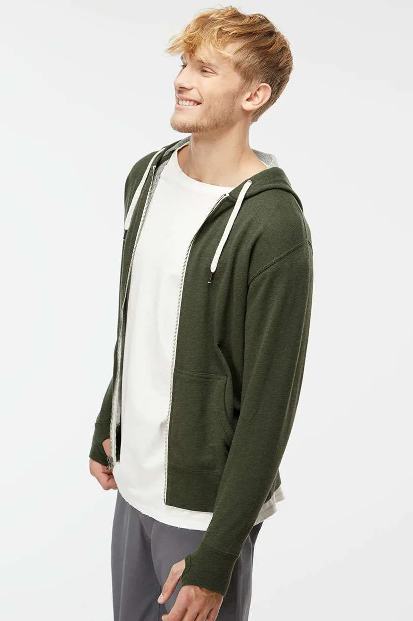 Independent Trading Company Mens French Terry Full Zip Hooded Sweatshirt Hoodie w/ Pockets - Heather Olive Green