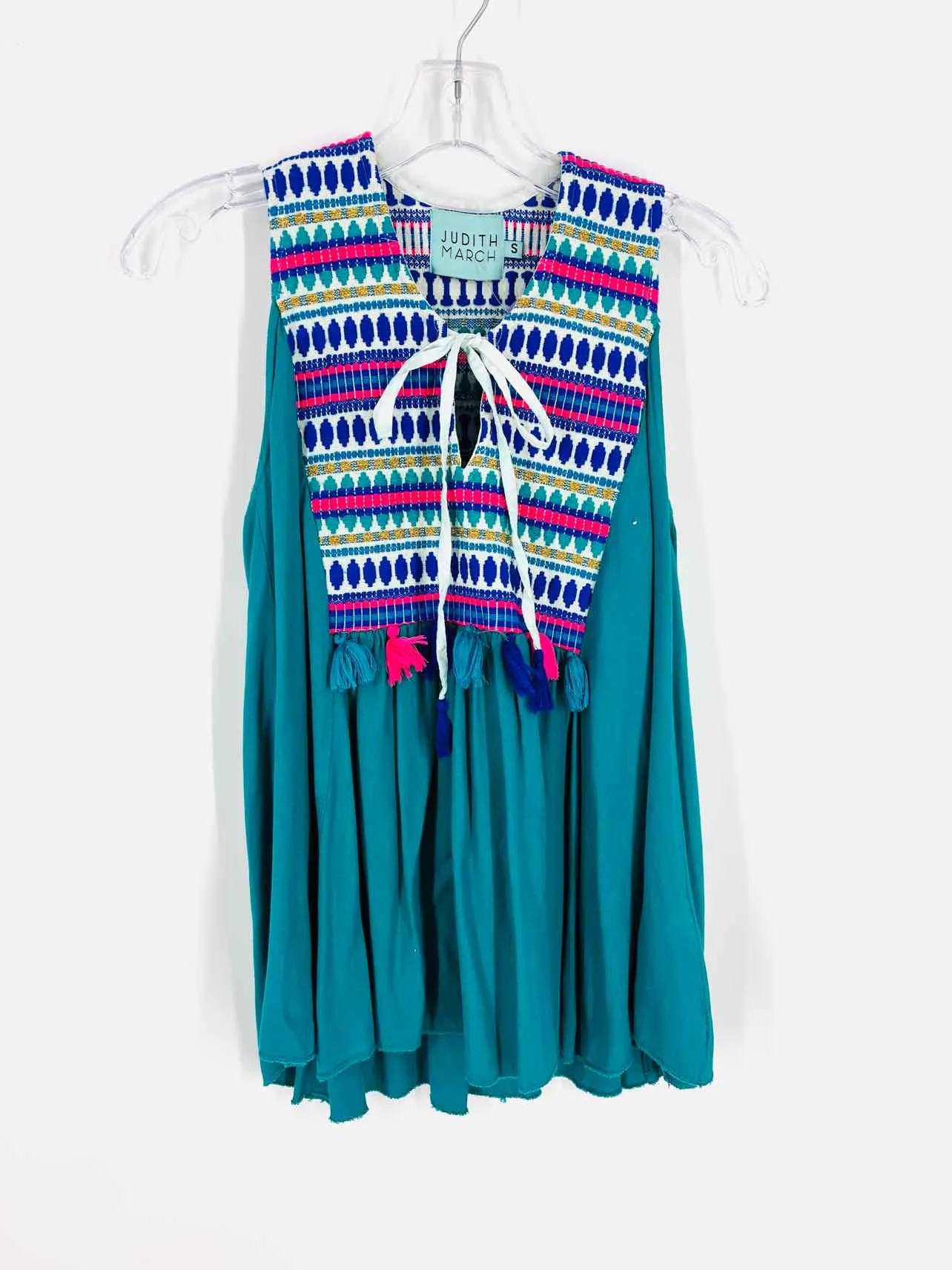 Judith March Size S Teal/Multi Embroidered Tassels Tops Top-Sleeveless