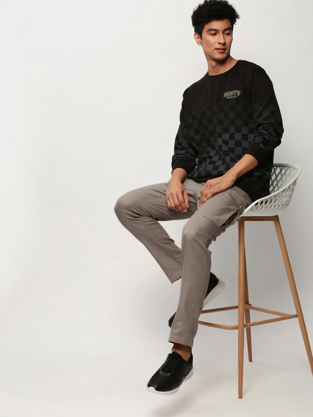 Men Black Checked Round Neck Cotton Sweatshirt