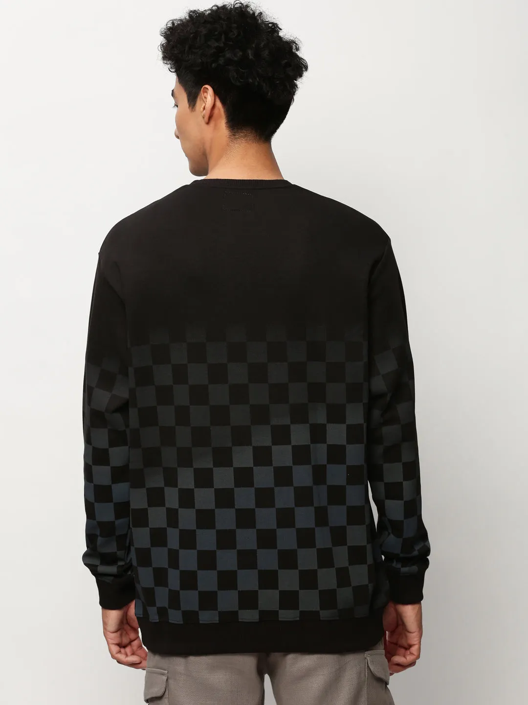 Men Black Checked Round Neck Cotton Sweatshirt