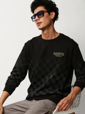 Men Black Checked Round Neck Cotton Sweatshirt