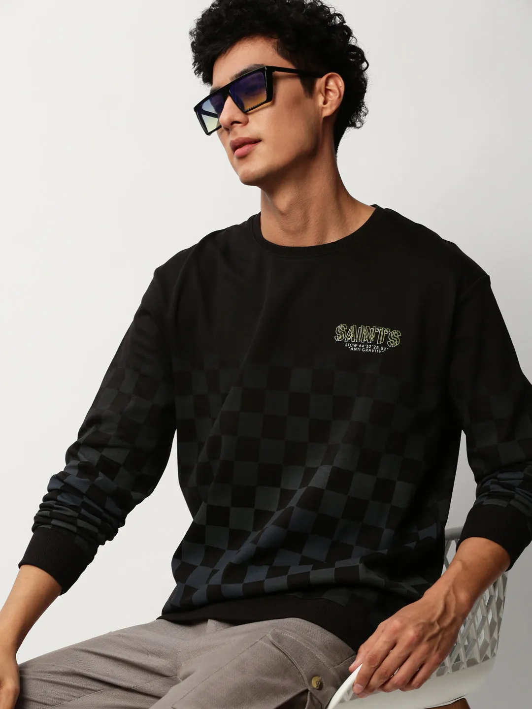 Men Black Checked Round Neck Cotton Sweatshirt