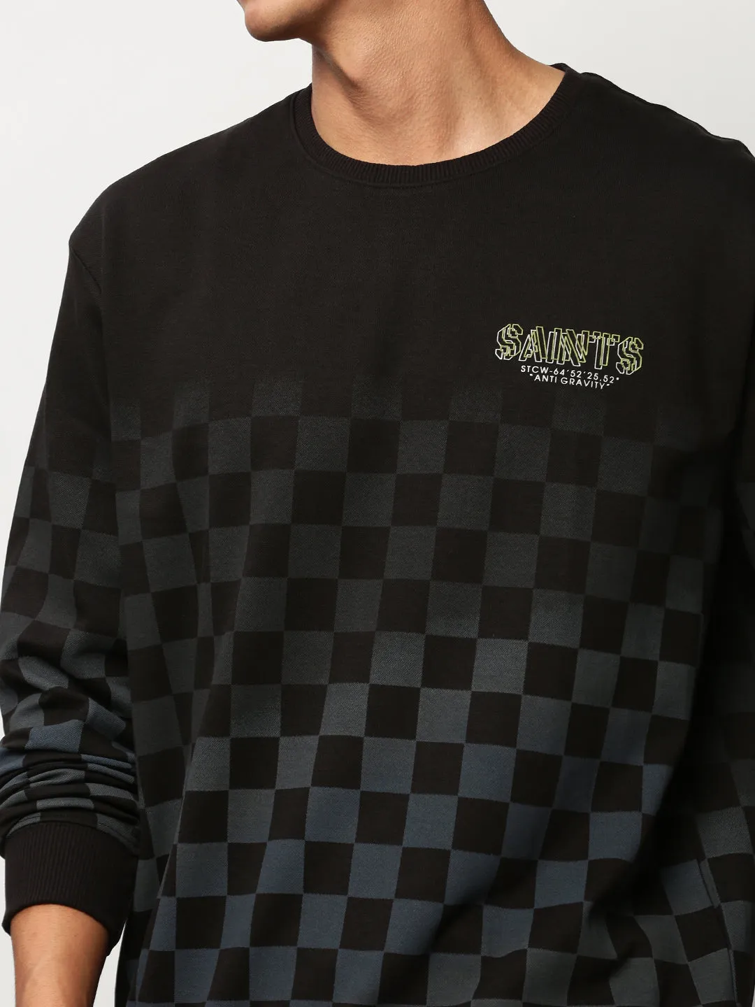 Men Black Checked Round Neck Cotton Sweatshirt