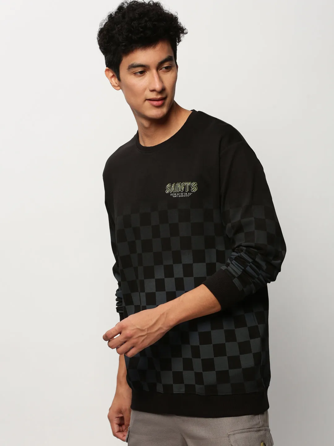 Men Black Checked Round Neck Cotton Sweatshirt