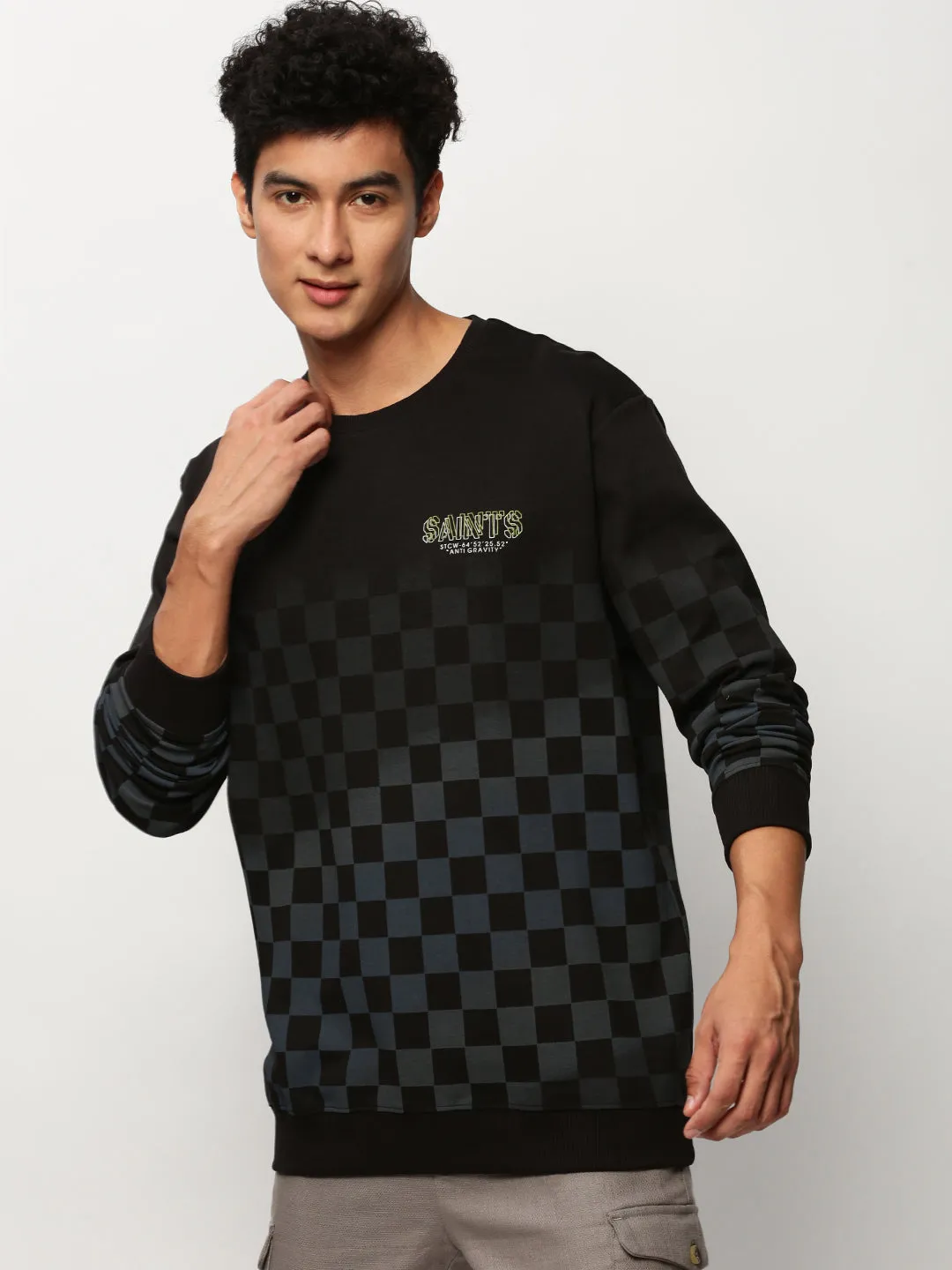 Men Black Checked Round Neck Cotton Sweatshirt