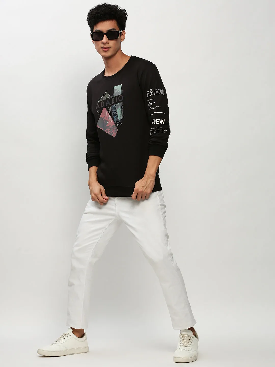 Men Black Graphic Printed Long Sleeves Cotton Terry Pullover Sweatshirt