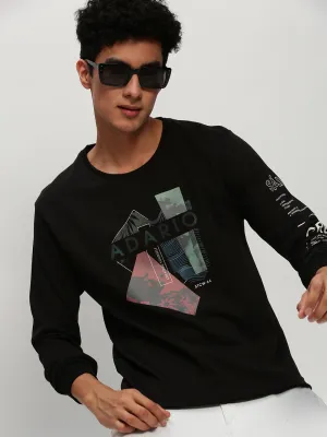 Men Black Graphic Printed Long Sleeves Cotton Terry Pullover Sweatshirt